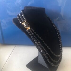 Vintage 1950's Black Glass Bead Triple Strand Necklace